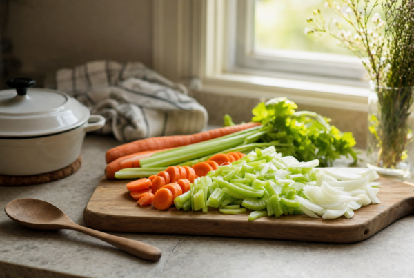 Cutting board with sliced carrots, celery, and onions on a sunlit kitchen counter beside a small pot