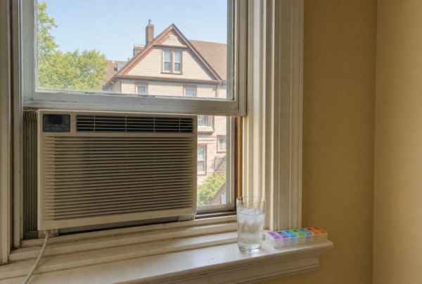 Window AC unit and weekly pill organizer on an interior sill in an older Milwaukee home during summer heat