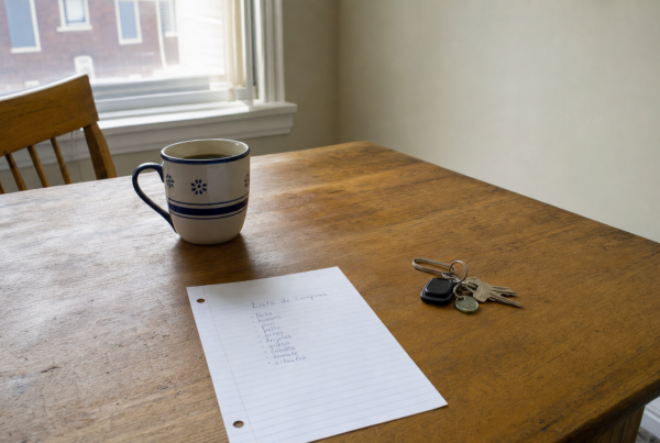 Kitchen table with a handwritten Spanish grocery list, coffee cup, and house keys in warm afternoon light